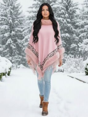ON BLUE Cozy Pink Fringe Cape Cloak Wrap with Faux Fur Collar NWT